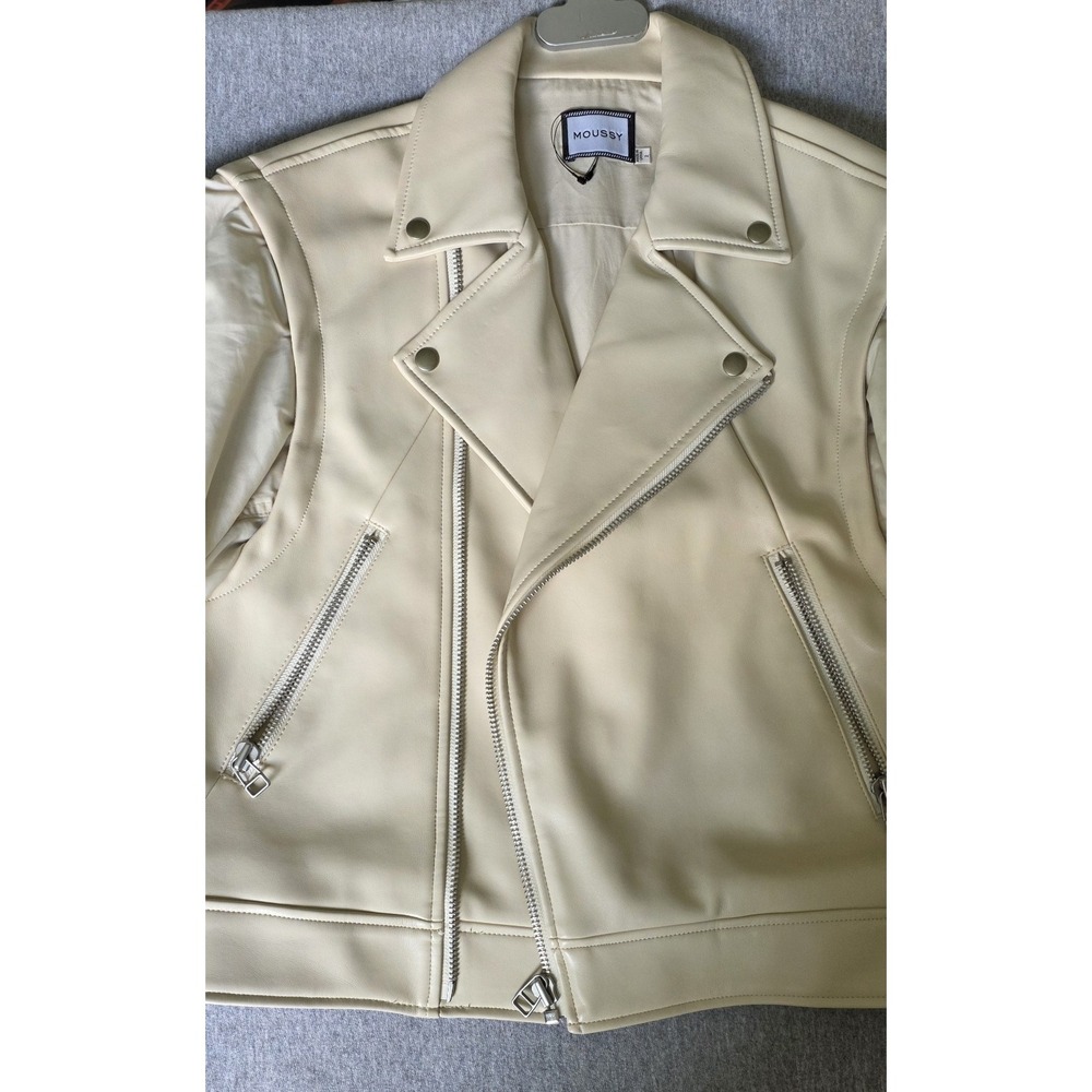 Moussy Cream Faux Leather Mixed Media Biker Bomber Jacket 010GAG30-5160 Size 2